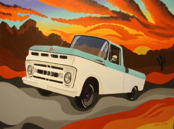 1961 ford f-100, antique truck paintings, antique trucks, Hunter s thompson bat country, psychedelic desert painting, desert sunset painting, bat country painting